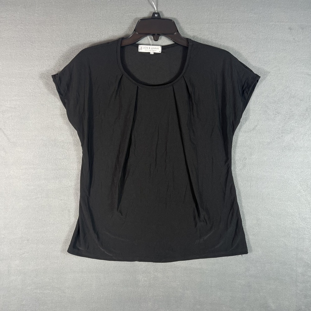 Jon &‎ Anna Women's Black Pleated Scoop Neck Short Sleeve Blouse Top Size M